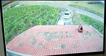 Tarla ve ev çevresini gösteren güvenlik kamerası canlı izleme ekranı