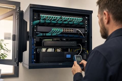Etiketli ağ kabloları bulunan rack kabinet üzerinde çalışan teknisyen